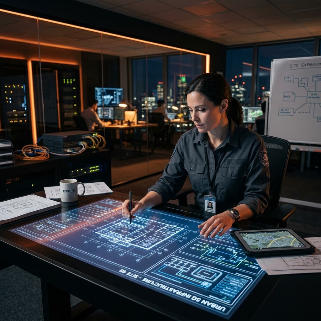 Ingeniera revisando planos técnicos en entorno de alto nivel