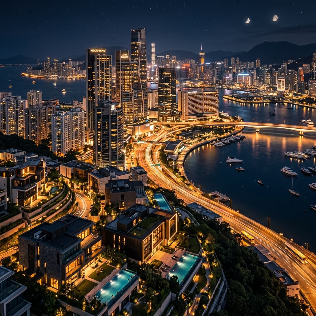 Ciudad moderna y edificios con iluminación automatizada